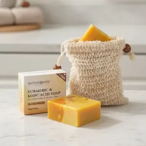 NatureOregi Turmeric & Kojic Acid Soap Dark Spot Remover Brightening Even Tone Cleanser Pack of 4 3 Soaps 1 Soap Bag Natural Ingredients Effective Skin Care