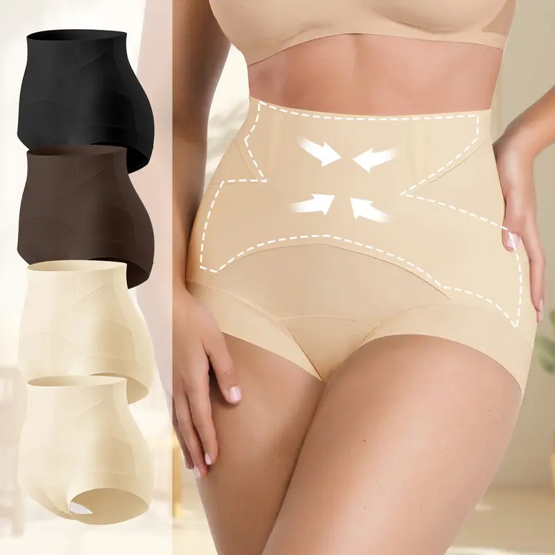 Morelect Women's High-Waist Boned Waist Basic Seamless Shaping Panties Briefs - Underwear for Women with Tummy Control, Crisscross Design, Anti-Roll Band, Breathable Flexible Fabric, 1/3/4-Pack Set 1 for Casual Everyday Wear (Any Season)