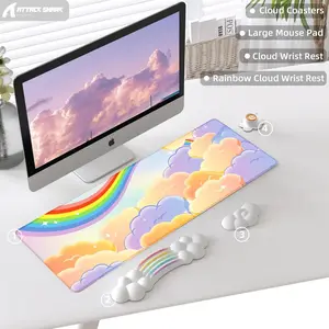 ATTACK SHARK 4 in 1 Cloud Mouse Pad Wrist Support Keyboard Wrist Rest Set with Ergonomic Memory Foam,Non-Slip Base,Cloud Coasters for Home,Office,Laptop,Desktop Computer,Easy Typing Pain Relief