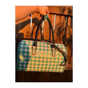Turquoise and white checkered large speedy bag