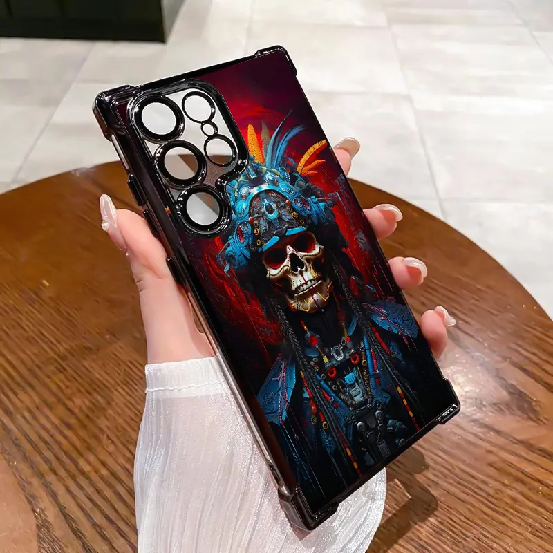 4-Corner Protective Smartphone Casing Cover, Native American Skull Art & Turquoise Feather Headdress Tribal Patterns Phone Accessories for SAMSUNG GALAXY S22 S23 S24 S25 FE ULTRA PLUS (172-07)
