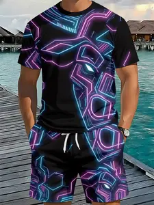 Men's Cyber Neon Mecha Line Set 3D Digital Printed 2-Piece Outfit, Trendy Fashion Suit, Retro Casual 2-Piece Set, Vacation-Style Trendy Wear, Breathable Sports Casual Style, Perfect Festival Gift for Men