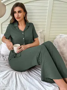 Women's Casual Chic Solid Color Sleepwear Set, Lapel Button Design, Elastic Fabric, Breathable and Soft, Indoor Outdoor Wear, Two-Piece Pajama Loungewear, Womenswear, Homewear