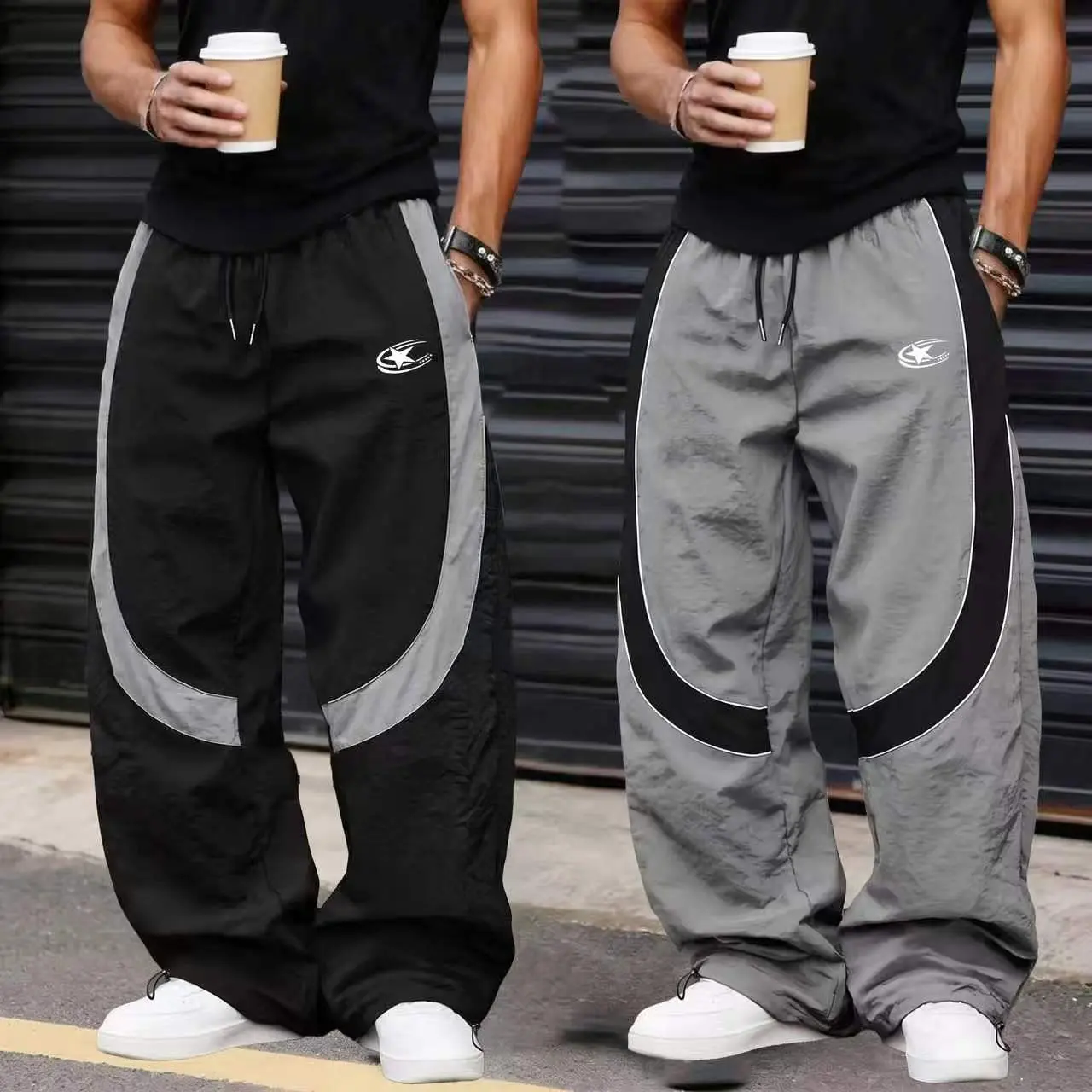 Men’s high-street wide-leg pants featuring contrast panels, side stripes, and a drawstring; American retro loose, drapey athletic pants; slim casual pants suitable for autumn, winter, and summer. Men's long pants, solid color