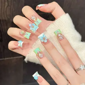 AURÉA ｜ Pastel Green & Blue Ombre Duck Tip Press On Nails with 3D Floral Accent & Rhinestone Detailing Handmade Fake Nails for Summer Easy Application & Reusable