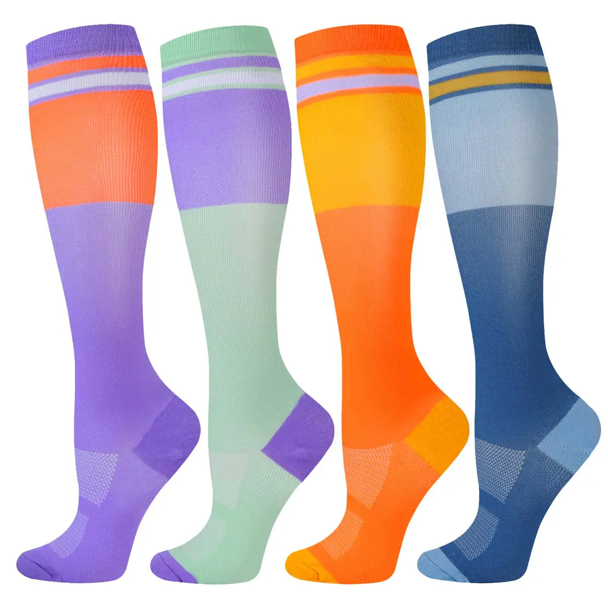 Isunie 4 Pairs 15-20 mmHg Rainbow Stripe Compression Socks for Men & Women, Knee-High, Leg Support, Athletic Support, Comfortable Compression, Running, Training, Walking, Outdoor, All-Day Comfort, Summer Deal
