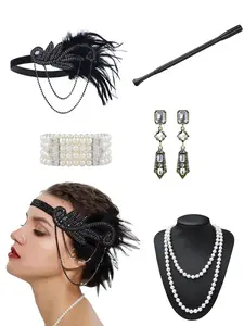 1920s Vintage Party Set, Feather Crystal Headpiece, Three Row Pearl Pendant, Bracelet, Earrings, Women's Evening/party Accessories