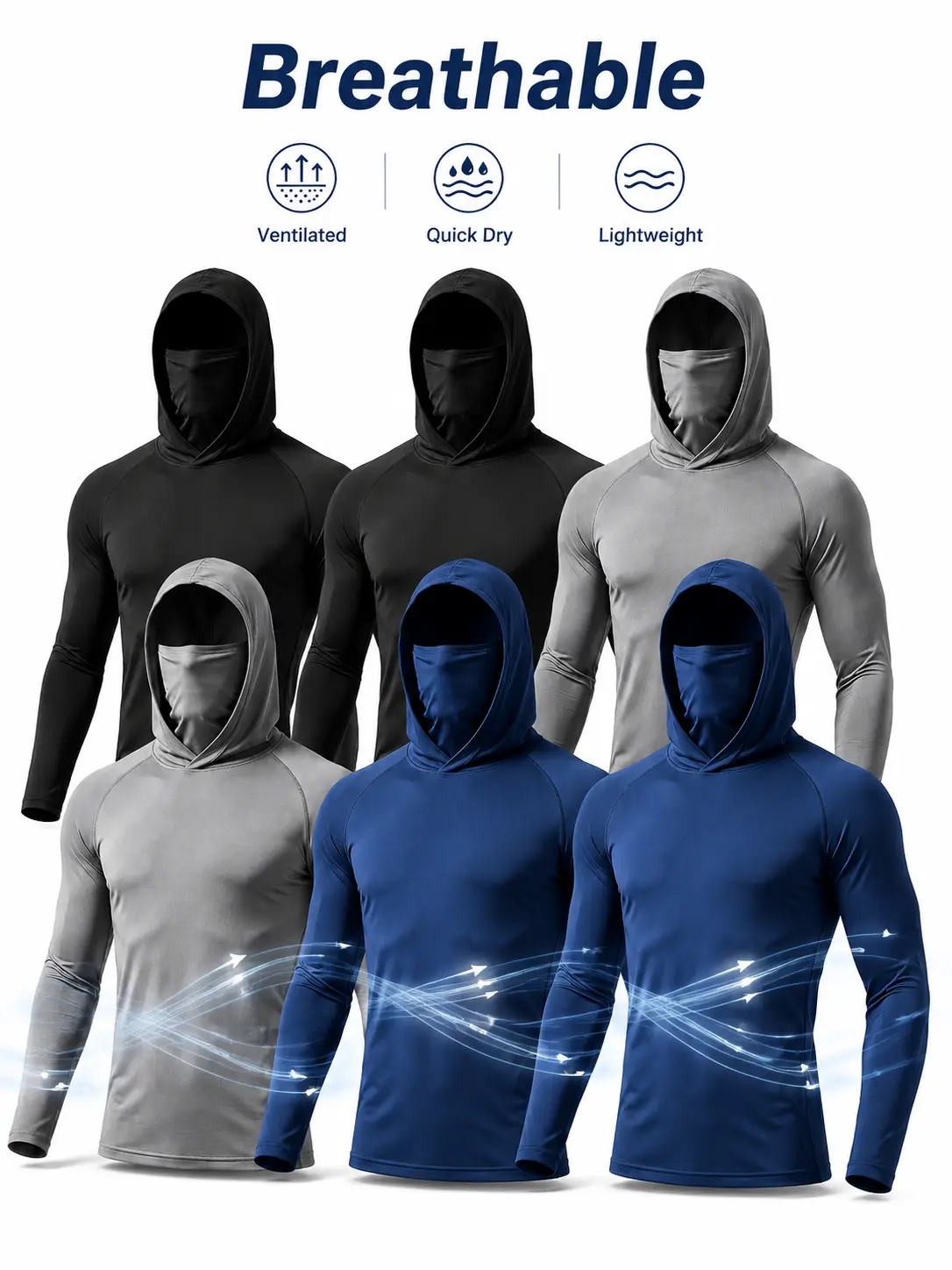 3/6 Pack Men's UPF 50+ Hooded Sun Protection Shirts with Built-in Face Cover, Quick Dry Stretch Compression Long Sleeve Tops, Lightweight Breathable Athletic Wear for Fishing, Hiking, Running, Camping, Cycling & Outdoor Work