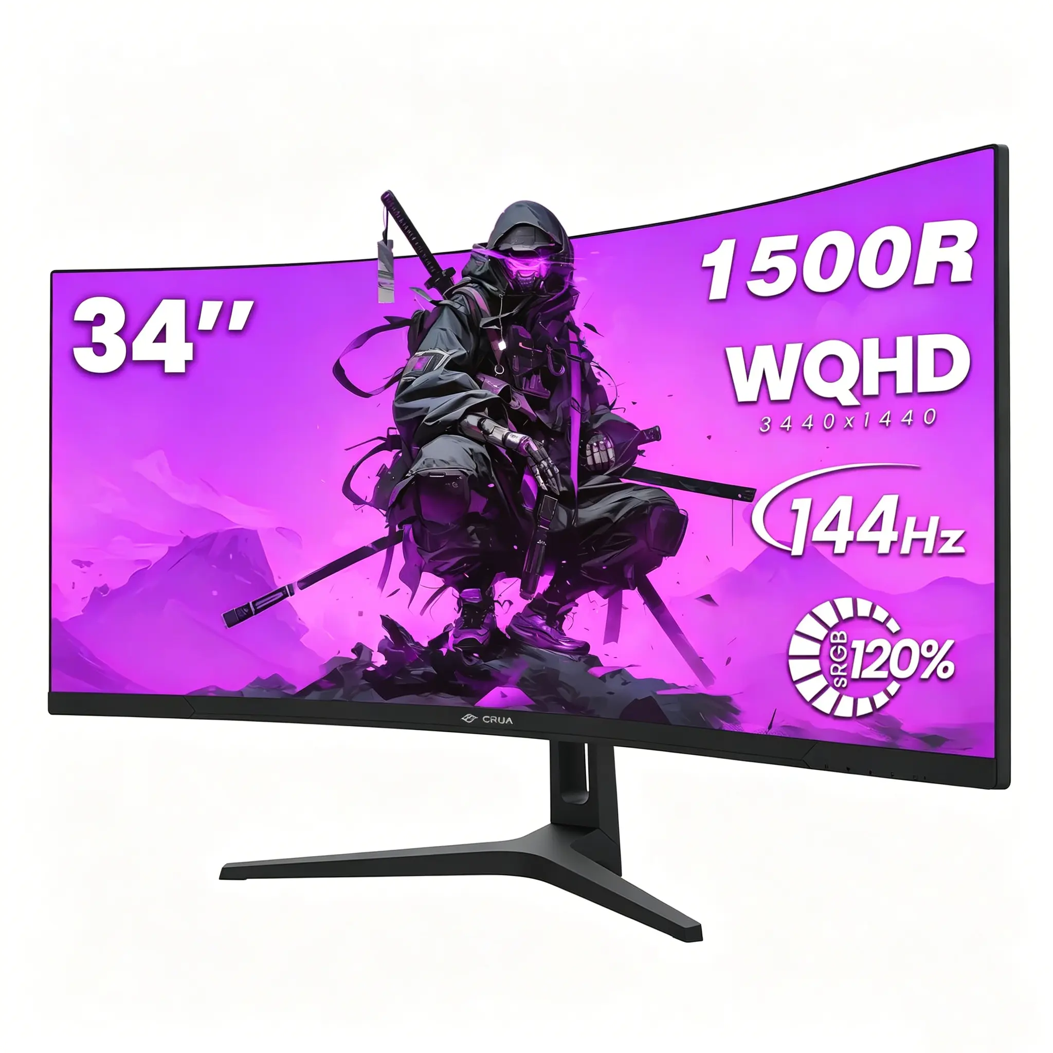 CRUA 34 Inch 1500R Curved Gaming Monitor, UWQHD 3440x1440, 144Hz, 1ms GTG, 99% sRGB, FreeSync, HDMI 2.0 DP1.4, PIP PBP, Tilting Stand for Gaming & Multitasking