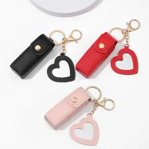 Aesthetic Heart Mirror Lip Balm Keychain Holder, Portable Leather Lip Gloss Holder and Lipstick Case, Small Travel Pouch Accessory and Bag Purse Charm for Backpack Keys, Gift for Her