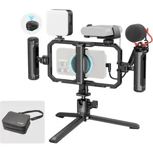 All-in-One Universal Quick Release Phone Video Rig Kit Pro, Phone Stabilizer Rig Kit with LED Light Microphone QR Tripod Dual Handles Power Bank Holder, for Creator & Live Streaming - 4704