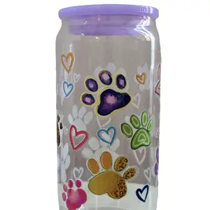 Pet Paws 16 oz Beer Can Glass with Purple Acrylic Lid and Glass Straw - UV DTF Transfer Design - Drinkware Reusable Washable Tumbler Portable Mugs tumblers cocktail glassware