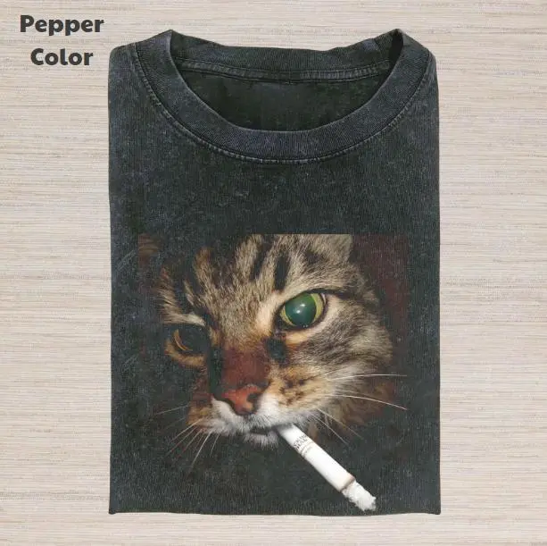 Comfort Colors Retro Funny Vintage Graphic Tee, Cat Smoking T-Shirt, Animal Shirt, Meme Cringe Funny Dumb Shirt, Gift Womenswear Streetwear Cotton