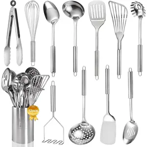 Stainless Steel Kitchen Utensils Set - 12Pcs Cooking Utensils Set with Holder, Metal Spatula Set Heat Resistant Kitchen Tool Set for Cooking with Turners, Potato Masher, Spatula, Spoons, Tongs, Whisk