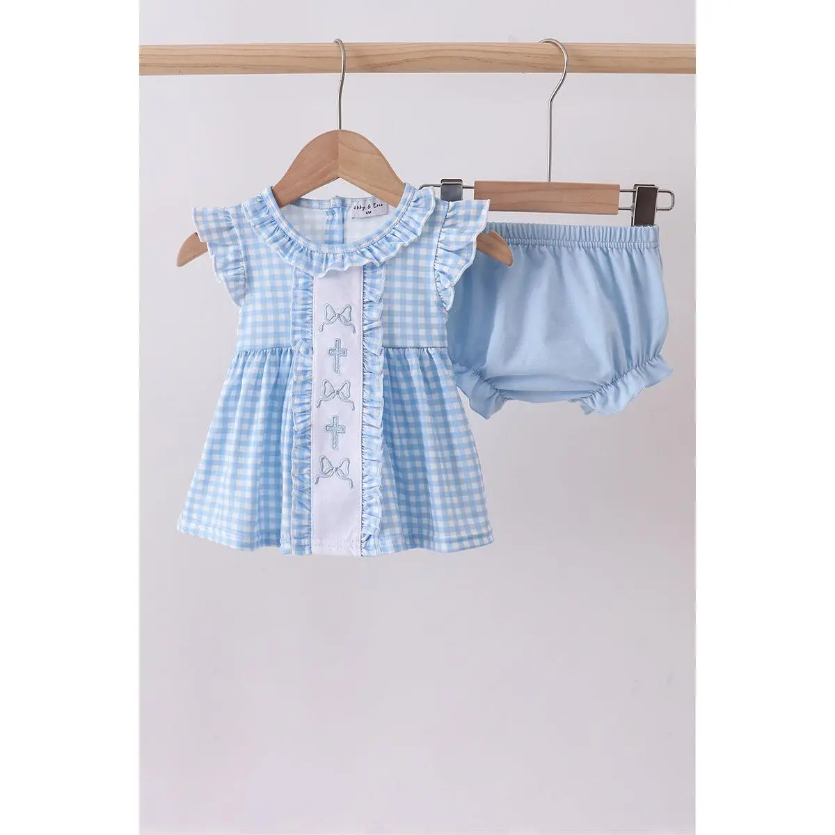 Blue cross bow embroidery ruffle gingham bloomer set