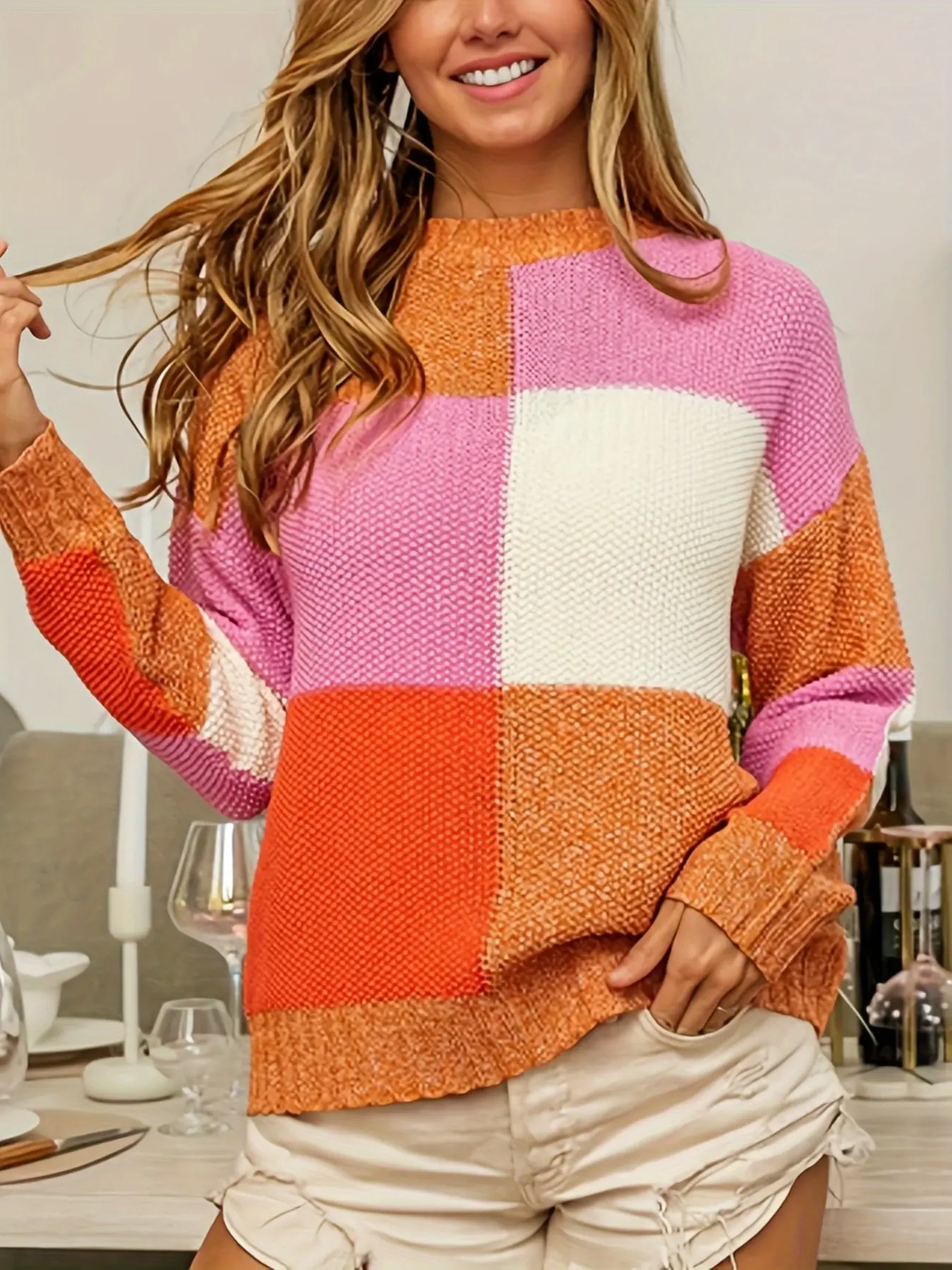 Vibrant Color Block Knit Sweater, Combination, Unlock Autumn Winter Fashion, Eye-Catching Casual Wear