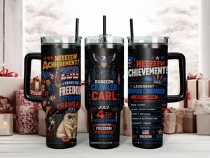 Dungeon Crawler Carl 4th July World Event Patriotic 40oz Insulated Water Bottle - 'New Achievement' Legendary Firework Commander Stainless Steel Tumbler with Handle, Straw, Lid & Portable Design - Funny LitRPG Book Gift