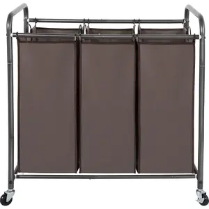 Laundry Sorter 3 Section, 3 Bag Clothes Hamper, Rolling Laundry Cart Basket with Duty Lockable Wheels and Removable Bag for Laundry Room, Bedroom, Closet, Brown