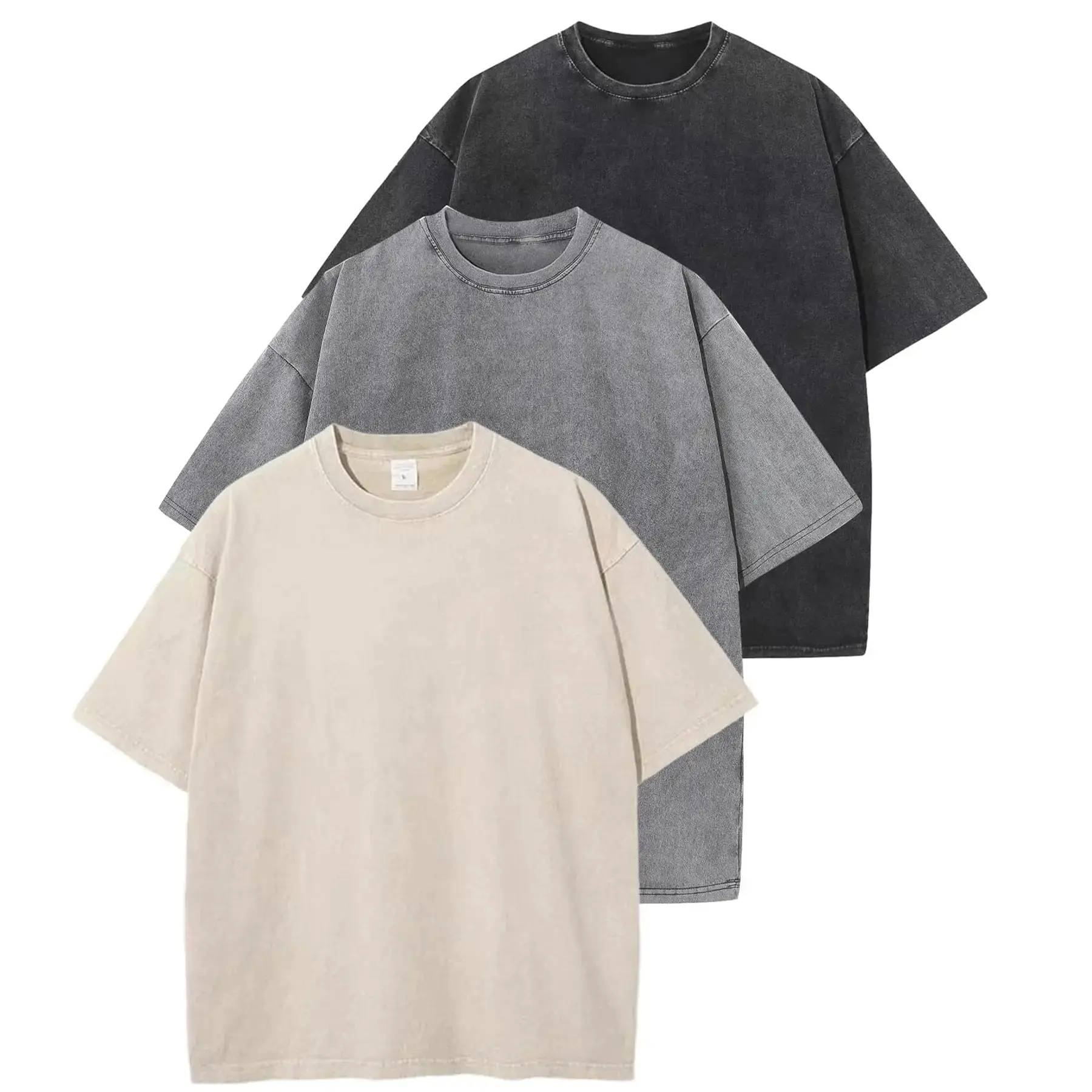 3-Pack Unisex Crew Neck T-Shirts, 230g Heavyweight 100% Cotton Solid Shortsleeve Tops, Retro Washed Oversized Menswear Streetwear, Layer, Work, Casual, Fitted, S, Fabric, Round Neck