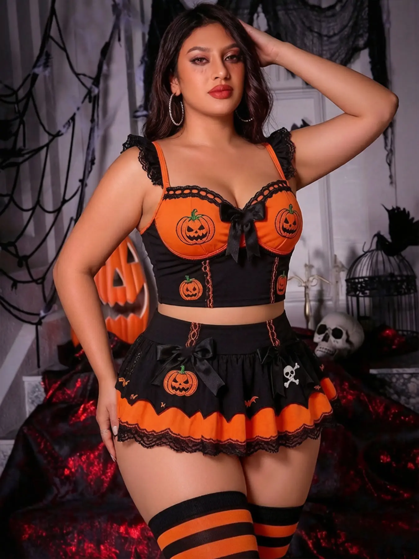 Women's Plus-Size 3-Piece Halloween Lingerie Set - Pumpkin Embroidery, Skull, Bat, Bow, Lace Tank Top, Lace Trim, Honeymoon Gift，  Cute Tank Tops and Mini Skirts，  Sexy Nightgowns for Women，  Lace Lingerie Set，  Pure and Seductive，  Halloween Costumes