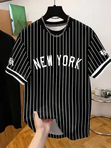 Men's "NEW YORK" Black Striped Baseball T-Shirt, American Vintage Streetwear, Crew Neck Casual Sport Tee