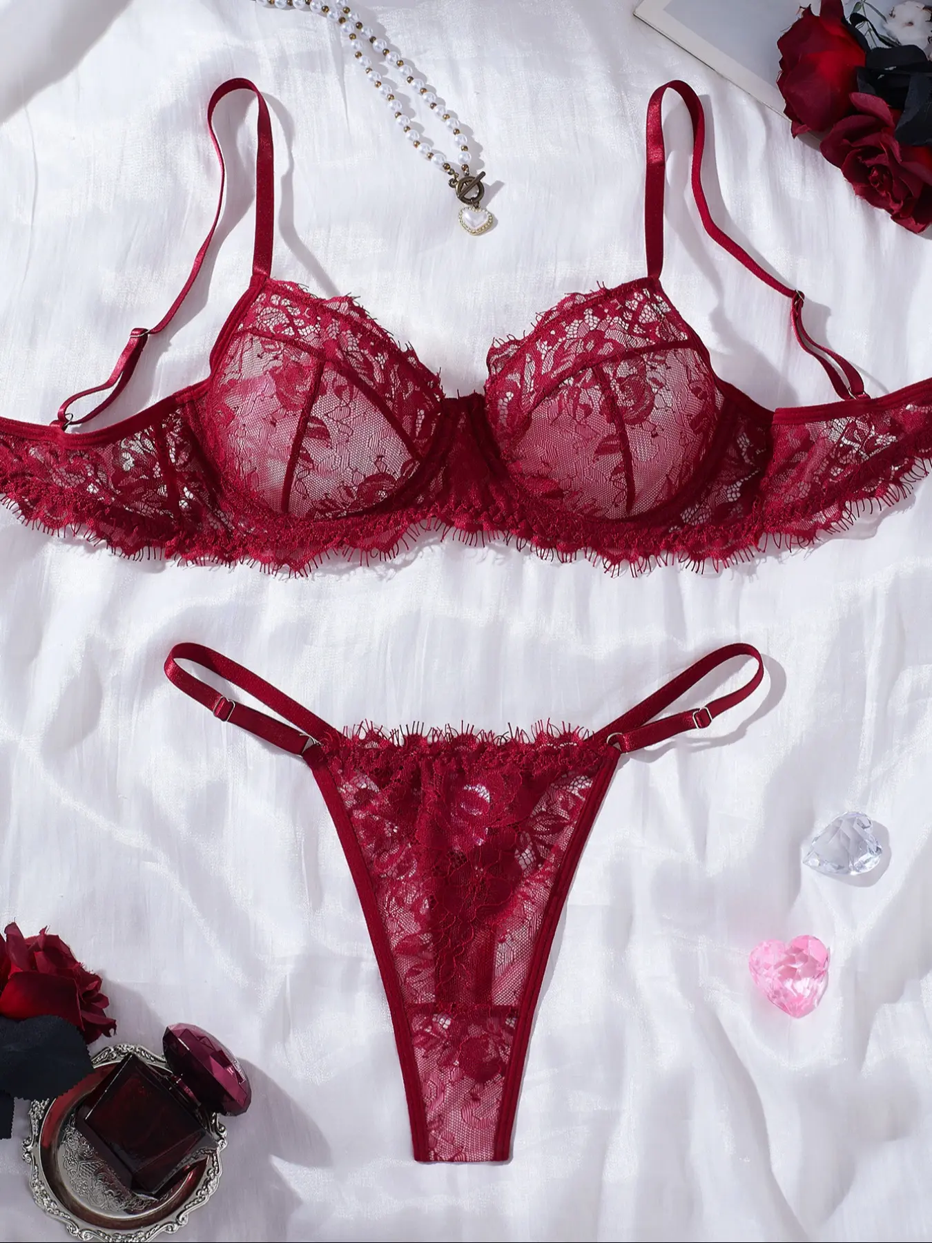 sexy lingerie color Women's Lace Sexy Lingerie Set, Womenswear Solid Color Bra & Thong & Garter  Belt & Stocking, Elegant Comfy Lightweight Breathable Fitted Lingerie Set  for Women Underwear main image 0