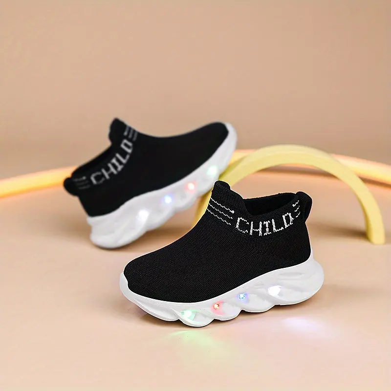 Unisex Toddler & Infant LED Light-Up Casual Trainers, Brown Geometric Non-Slip All-Seasons Shoes with Cartoon Prints, Prop 65 Safe for Daily Wear
