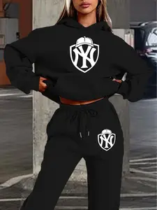 Women's Hooded Sweatshirt Set, Fall & Winter Casual Sporty Style, Ny Logo Baseball Cap Shield Print, Fitted Design for Daily Wear