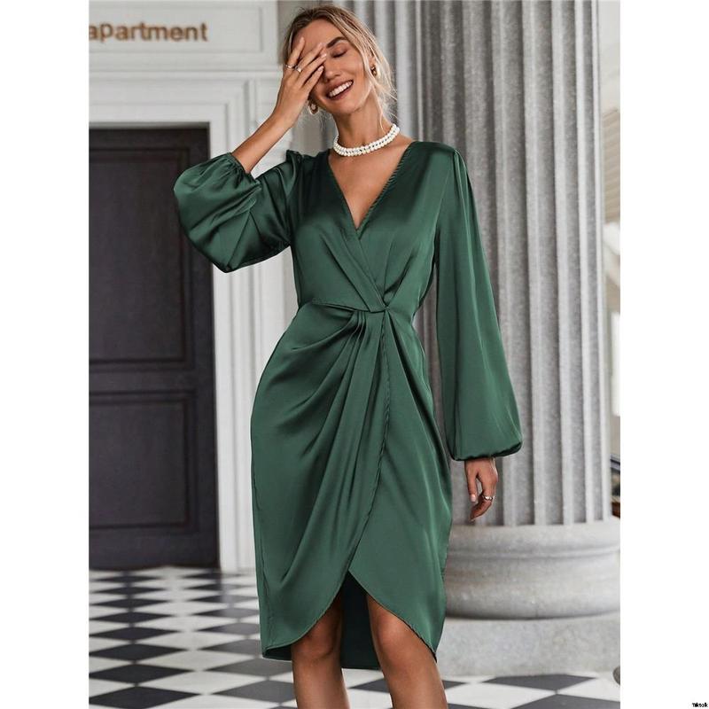 Dress satin hem body sleeve wrap lantern Clasi SHEIN