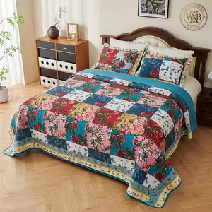 100% Cotton Patchwork Floral Quilt Bedding Set 3 Piece Queen 92"x96" King 106"x96" Colorful Country Floral Quilted Coverlet Lightweight Machine Washable Bed Set with 2 Pillow Shams