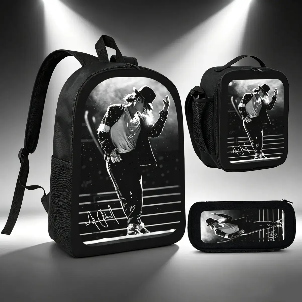 Michael Jackson Backpack Set 3Pcs Lunch Bag Pencil Case Pop Music Theme Lightweight Travel Backpack TikTok Viral MJ Dance Style Fan Gift