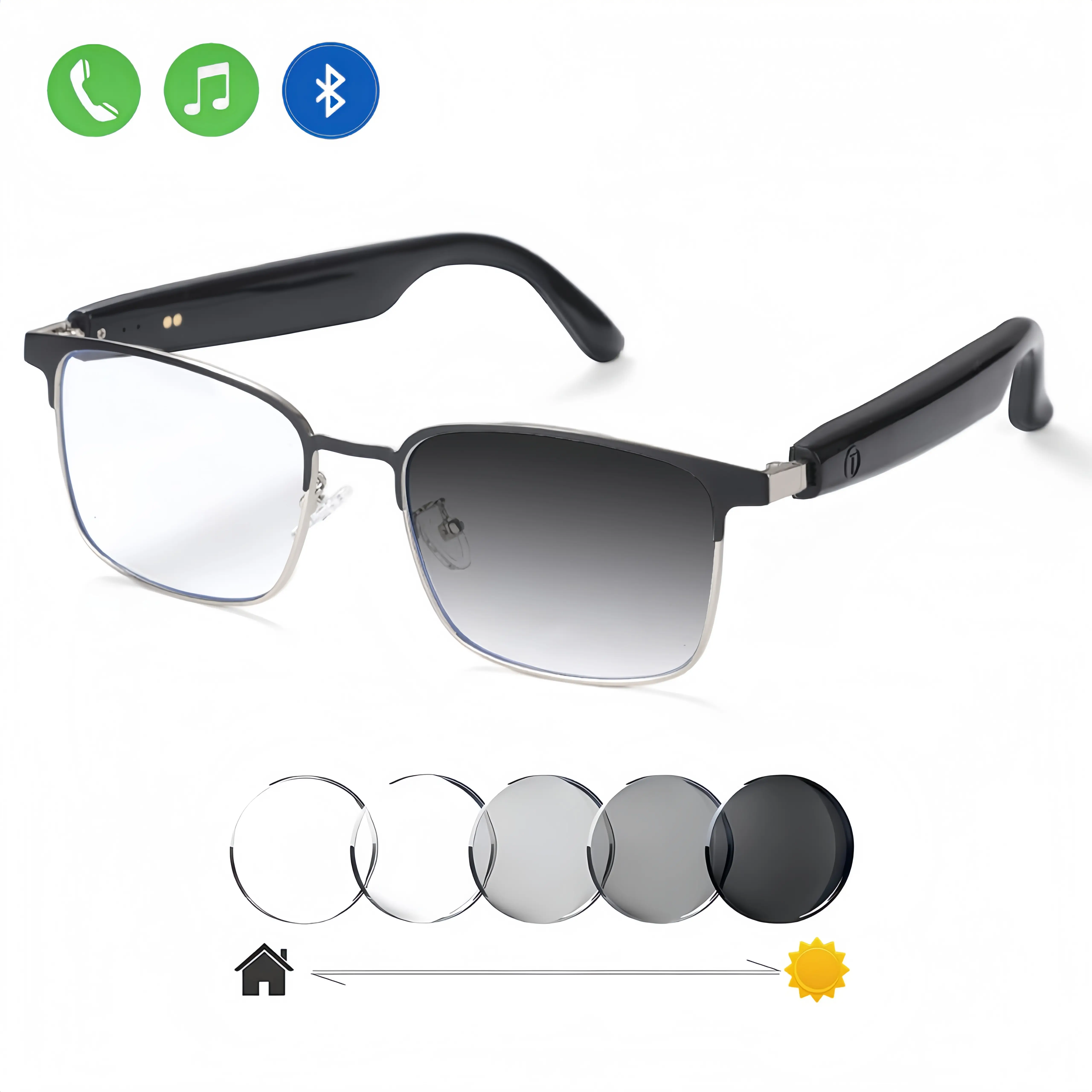 Bluetooth audio smart glasses with photochromic lenses that darken in sunlight, metal frame, surround sound and Wireless microphone