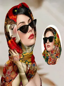 A versatile scarf for hair, charming scarf with serene decorative - motif patterns, layered ornamental elements, & luxurious gold - accented tones—great for festive art occasions, garden soirees, or bold fashion looks