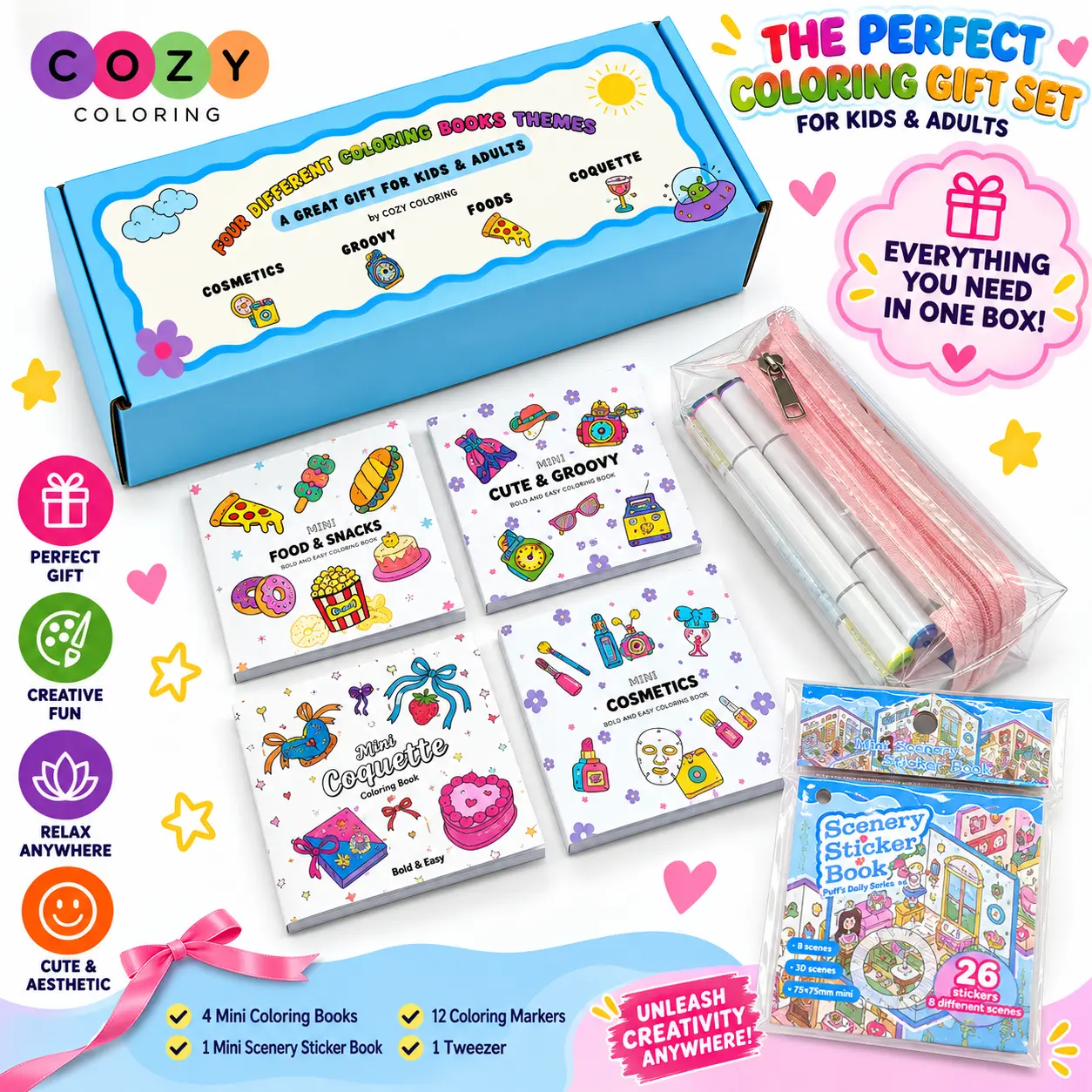 Christmas Gift Cozy Coloring BEST GIFT 4 Mini Coloring Books Bundle with 12 Markers & Stickers for Kids & Adults 3x3 Inches Pocket Size Stress Relief Creative Relaxation