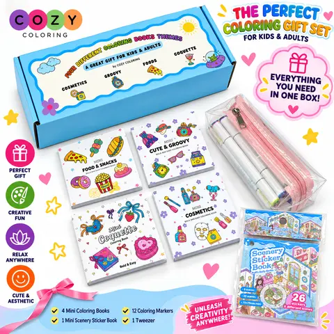 Halloween Fall Gift Cozy Coloring BEST GIFT 4 Mini Coloring Books Bundle with 12 Markers & Stickers for Kids & Adults 3x3 Inches Pocket Size Stress Relief Creative Relaxation