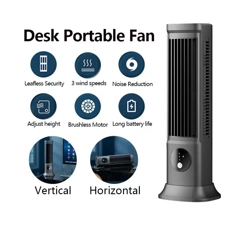 11-inch compact tower fan, portable personal desktop fan, 3-speed wind, bladeless desktop fan, 360° adjustable angle, can be used horizontally or vertically, quiet operation, perfect for sleep, indoor use, office, and desktop.
