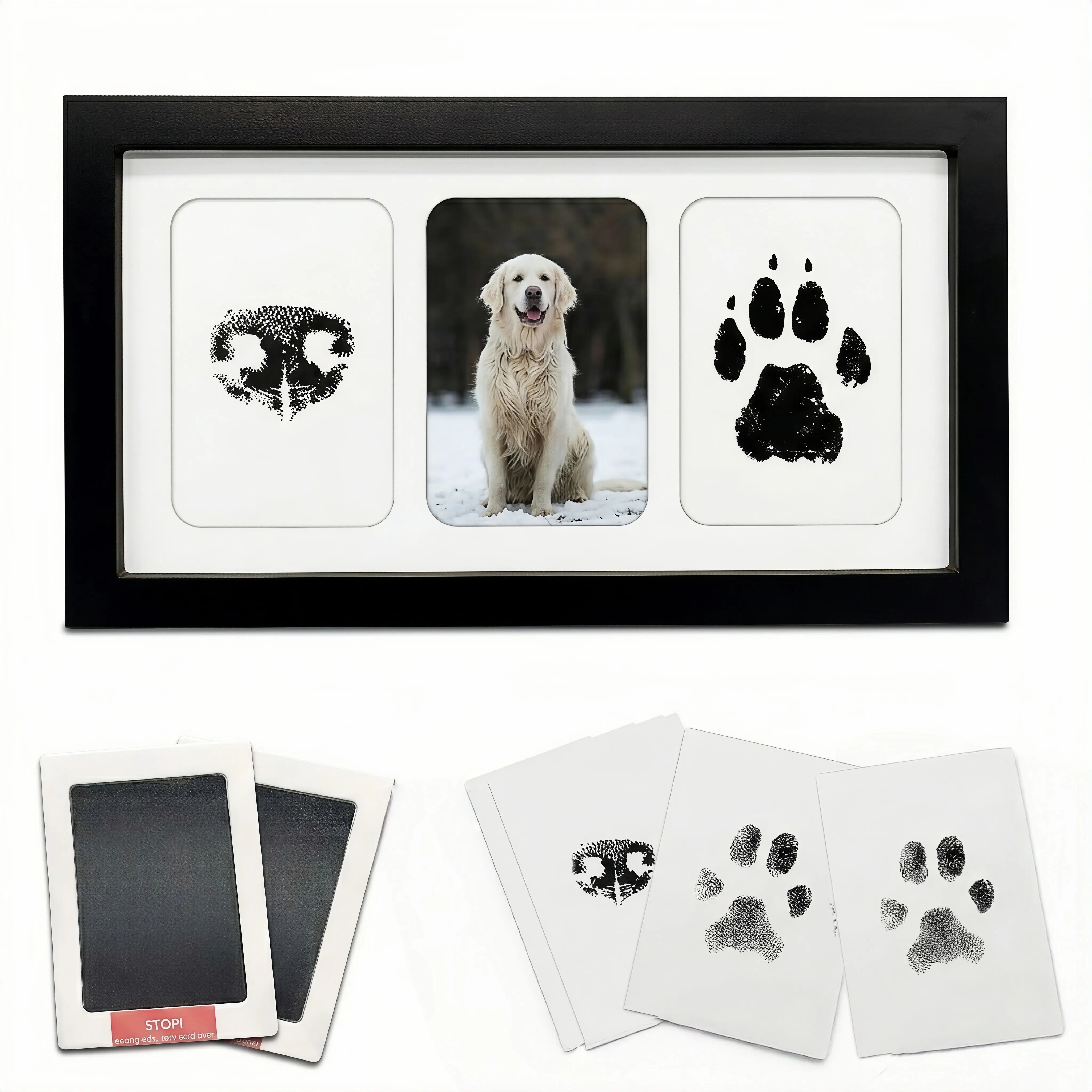 Pet Paw Print Set with Frame, Clean Touch Inkless Dog Cat Footprint Kit, 2 No Mess Ink Pads for Pets,Wooden Pet Memorial Frame,Personalized Pet Paw Print Gifts,Memorial Gifts