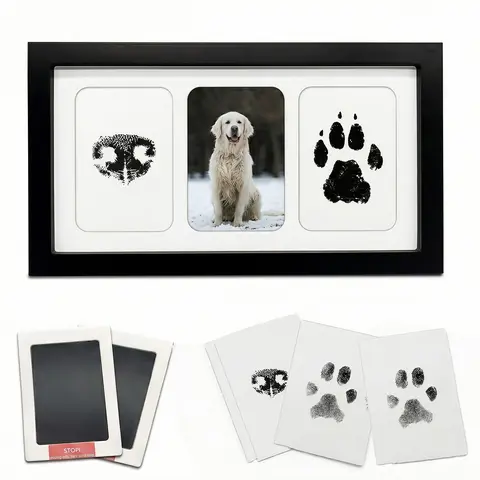 Customizable Modern Rectangle Wooden Pet Paw Print Photo Frame - 3.5x5 Inch Tabletop Desk Frame, Sympathy Pet Memorial Home Decor, 2 Ink Pads, Reusable Clean-Touch Inkless No-Mess Pads for Dogs, Gift Box with Instructions