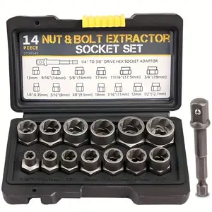 Ycupup Nut Extractor Kit 14pcs, Nut Removal Tool with 13 Bolts & Nut Removers, 1 Hex Socket Adapter for 1/4'' to 3/8'' Drives