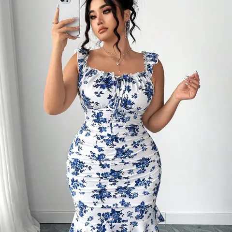 Women's Plus-Size Summer Vacation Print Dress, Two-Tone Floral Ruffle Sleeveless Short Dress with Elastic Waistband and Bust Support, Casual Wear, Womenswear, Beach Sundresses, Beach Holiday Dresses