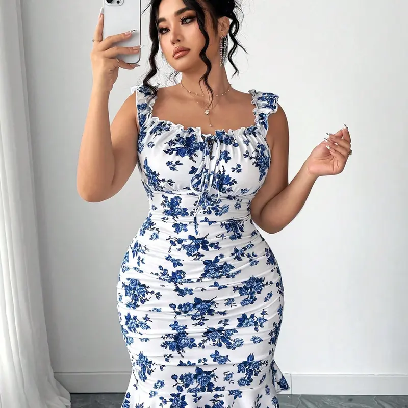 Women's Plus-Size Summer Vacation Print Dress, Two-Tone Floral Ruffle Sleeveless Short Dress with Elastic Waistband and Bust Support, Casual Wear, Womenswear, Beach Sundresses, Beach Holiday Dresses