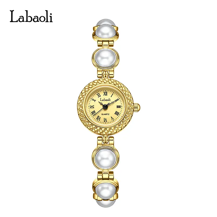 Women's Quartz Watch, Round Roman Numeral Dial, Pearl-Encrusted Bracelet, Vintage Textured Bezel, Elegant Luxury Dress Wristwatch, Ideal for Daily & Special Occasions, Perfect Gift for Her