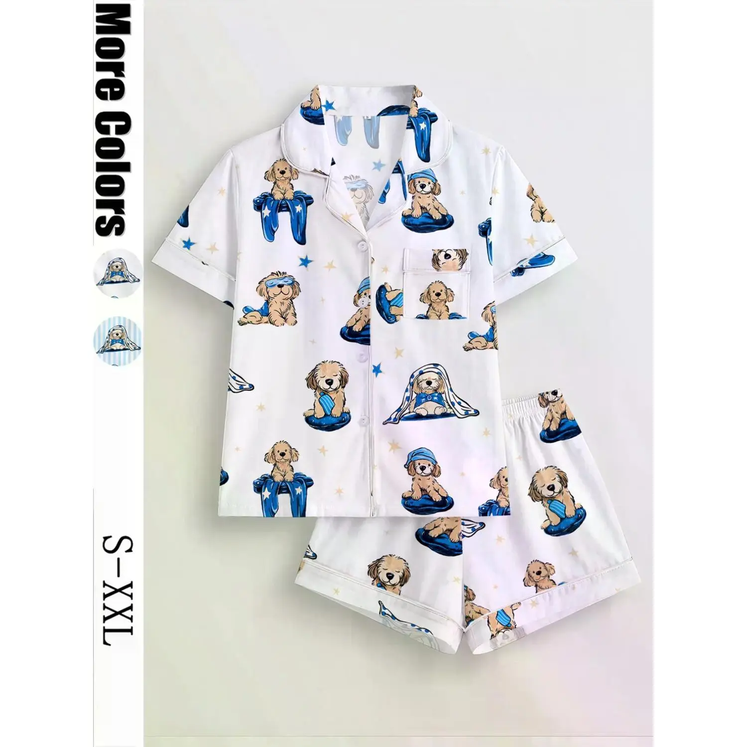 Women's Cartoon Dog Print Pajama Set, Short Sleeve Button-Down Shirt and Elastic Waist Shorts, All-Season Casual Sleepwear for Comfortable Home Lounging