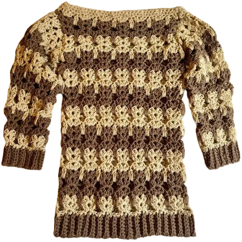 Hand Crocheted Acrylic Yarn Boatneck 3/4 Sleeve Cat Stitch Pullover Sweater