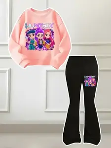 Halloween Christmas Kp Cool Girl Pattern Print 2-Piece Set, Power Girl Outfit, Girls' Casual Sportswear, Comfortable Elastic Waist Pants, Spring Fall Winter