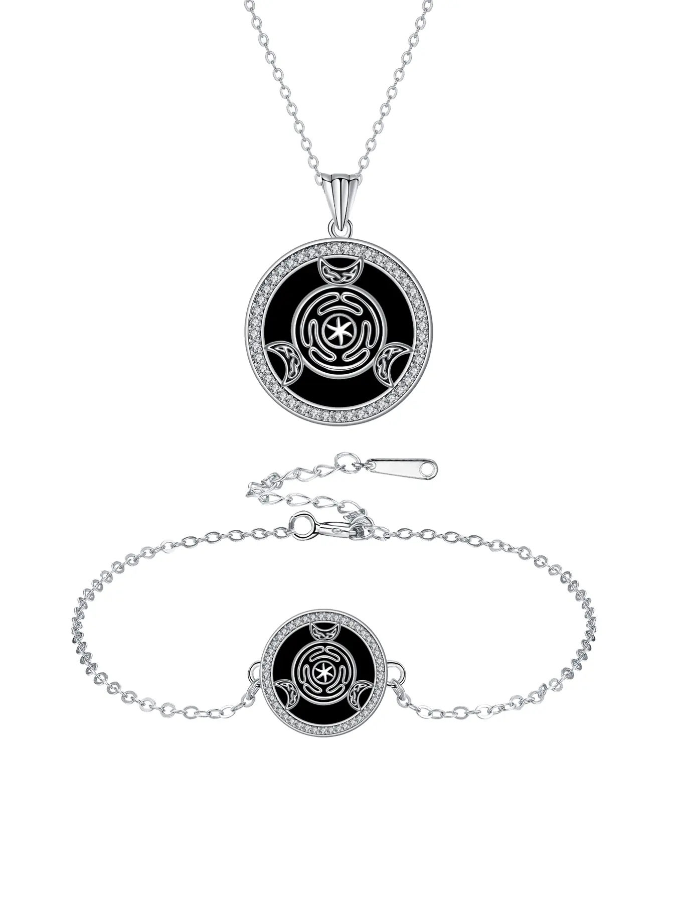 Wheel of Hecate Goddess Triple Moon Boho Fashion Jewelry Set for Women, Pagan Goddess Wiccan Charm Pendant Necklace Bracelet, Amulet Jewelry Christmas Gifts for Women Wife Her