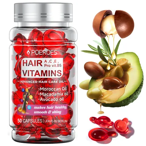 POEROES 50-Capsules Silky Argan Hair Oil - Natural Haircare Leave-In Conditioner with Argan, Avocado, Moroccan Oils, Vitamin A-C-E Care & Pro B5, Daily Shine Enhancer for Frizzy, Damaged Hair (Unisex)