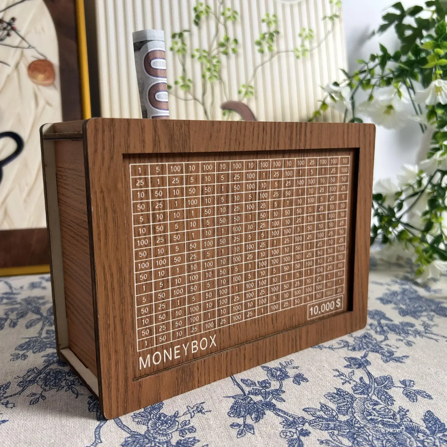 Wooden Cash Money Saving Box,Erasable Piggy Bank for Kids & Adults,10000 Savings Challenge Box，Best Gift for Kids Adult Friends(10000 Dollar)