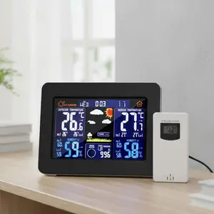 Wireless weather station with digital color weather forecast clock, indoor and outdoor thermometers with outdoor sensors, temperature, humidity and barometers.