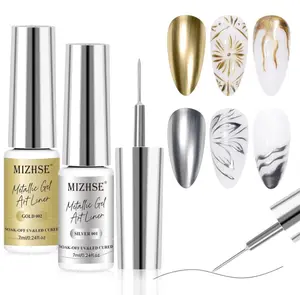 MIZHSE Gold Silver Metallic Gel Liner Nail Polish, Mirror Chrome Nail Art Striper Gel with Precision Brush for Thin Line Drawing, Glossy Shimmer Glitter Metal Painted French Swirl Design